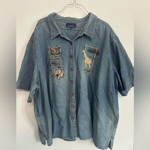 Vintage Penningtons Blue Denim Shirt with Animal Giraffe Cheetah Embroidery